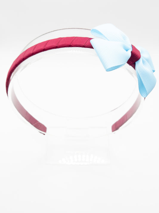 Burgundy & Pale Blue School Bow Hairband