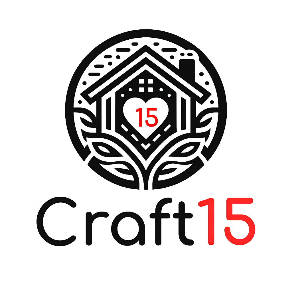 Logo with a heart and number 15 inside a circular design, accompanied by 'Craft15' text.